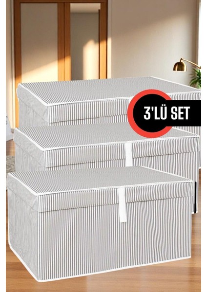 Gri 3'lü Kapaklı Kutu Hurç Mega Boy 60X40X30 Cm, Pratik Depolama Çözümü