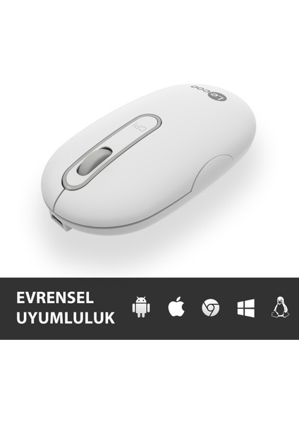 Lenovo WS207 Şarj Edilebilir Kablosuz 1600DPI 4 Tuşlu Sessiz Kompakt Optik Mouse Beyaz