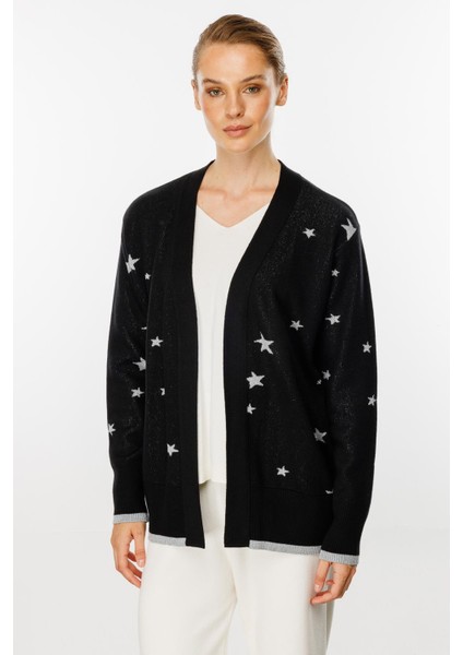 Yıldız Desenli Triko Hırka-Siyah-Gümüş