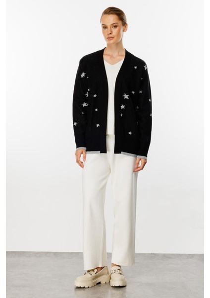 Yıldız Desenli Triko Hırka-Siyah-Gümüş indirimleri