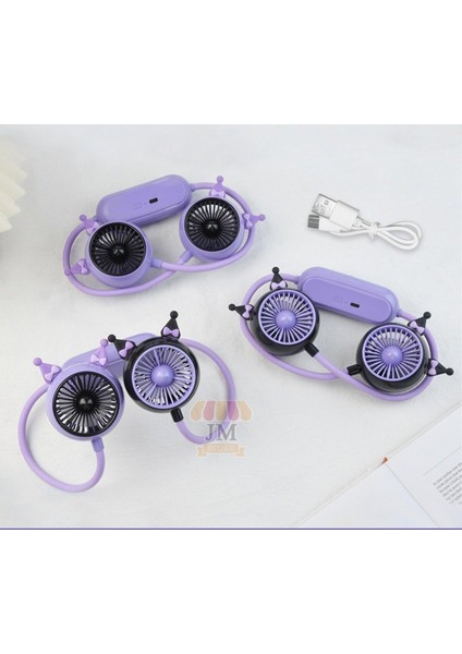 Mini Fan Kuromi Figürlü Boyun Fanı Vantilatör Hediyelik Fan Heryerde Serinlik Mor