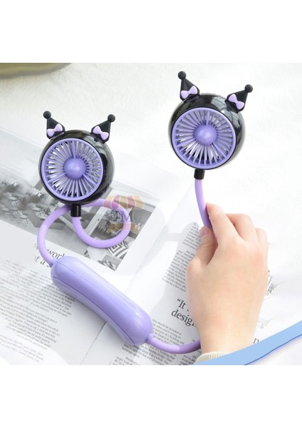 Mini Fan Kuromi Figürlü Boyun Fanı Vantilatör Hediyelik Fan Heryerde Serinlik Mor