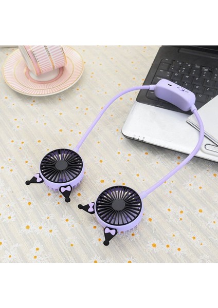 Mini Fan Kuromi Figürlü Boyun Fanı Vantilatör Hediyelik Fan Heryerde Serinlik Mor