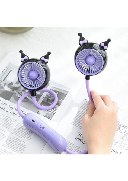 Mini Fan Kuromi Figürlü Boyun Fanı Vantilatör Hediyelik Fan Heryerde Serinlik Mor