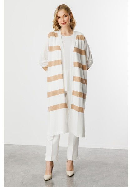 Çizgili Uzun Yazlık Triko Hırka-Ekru - Gold