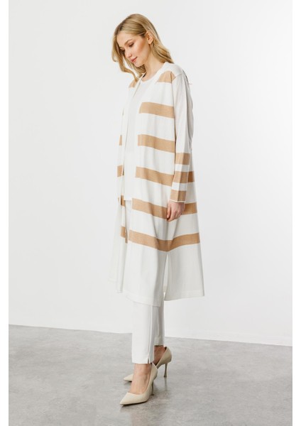 Çizgili Uzun Yazlık Triko Hırka-Ekru - Gold fiyatları