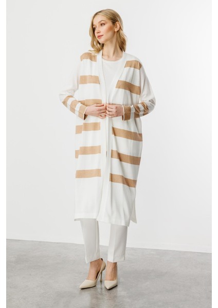 Çizgili Uzun Yazlık Triko Hırka-Ekru - Gold modelleri