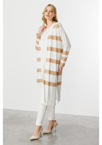 Çizgili Uzun Yazlık Triko Hırka-Ekru - Gold fırsatları