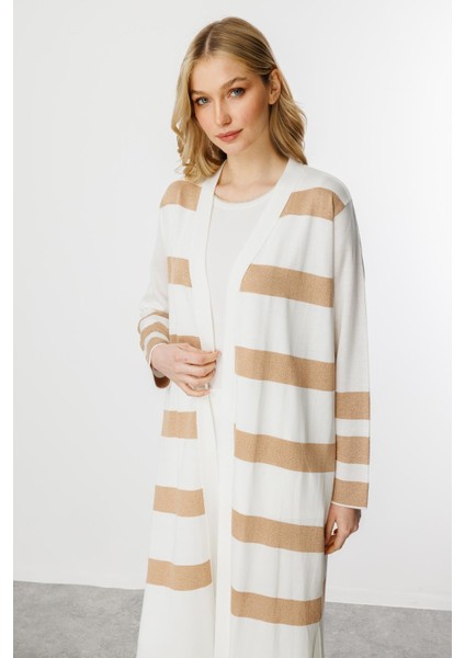 Çizgili Uzun Yazlık Triko Hırka-Ekru - Gold indirimleri