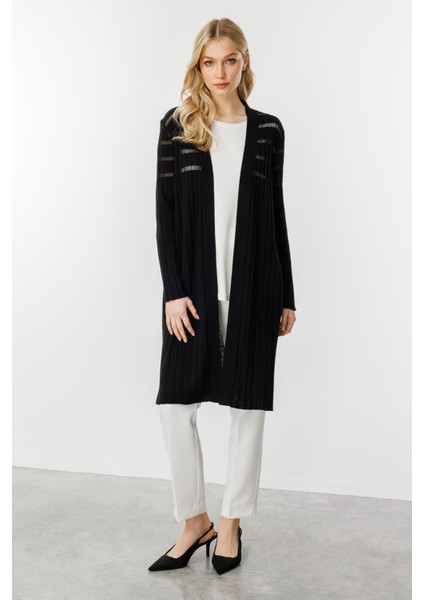 Fitilli Sim Detaylı Triko Hırka-Siyah