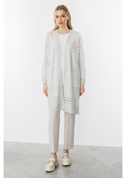 Çizgili Simli Triko Hırka 2514BK102002-GRI - Ekru