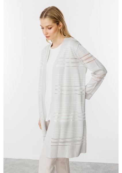 Çizgili Simli Triko Hırka 2514BK102002-GRI - Ekru indirimleri