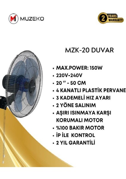 Cn Mzk-0 Ev ve Ofisler Için Salınımlı 4 Kanatlı Duvar Tipi Vantilatör