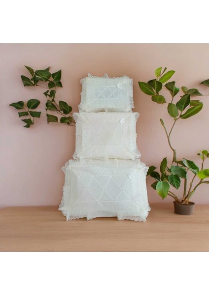 Kadife Güpürlü 3'lü Bohça Seti, Kırık Beyaz, Söz ve Nişan Hediyesi