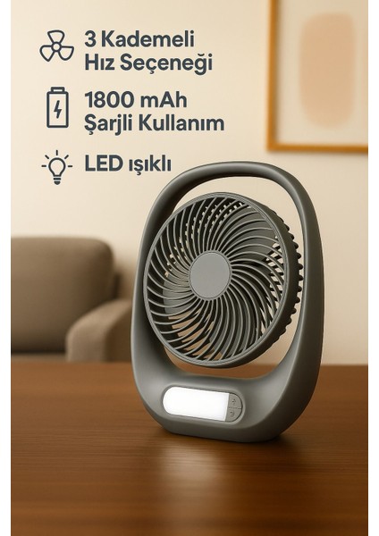 Model Kademeli Auhma Masaüstü Ev Ofis Fanı 800 Mah Şarjlı LED