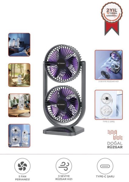 Siyah F- Siyah Mini Fan | Taşınabilir Çift Başlıklı Sessiz Vantilatör | Type-C Girişli