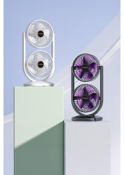 Siyah F- Siyah Mini Fan | Taşınabilir Çift Başlıklı Sessiz Vantilatör | Type-C Girişli