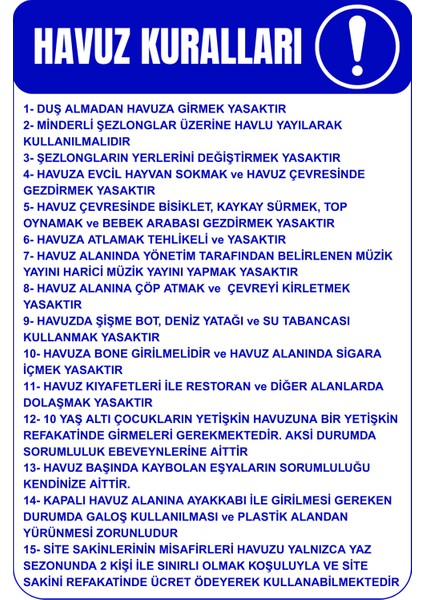 35 x 50 Havuz Kuralları Folyo Baskı Sticker Uyarı Levhası