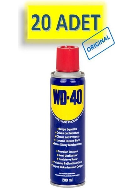 20 Adet Wd-40 Çok Amaçlı Sıvı, Yağ Çözücü, Pas Sökücü, Temizleyici ve Koruyucu Bakım Spreyi 200 ml