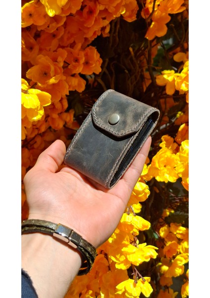 10 Kartlık Bölmeli Akordiyon Kredi Kartlık Gri Hakiki Deri Mini Boyut Kartvizitlik