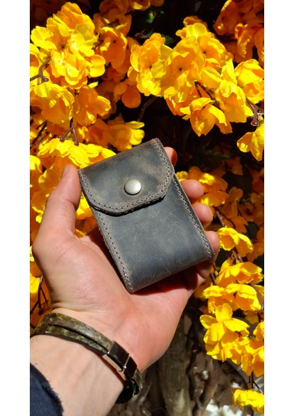 10 Kartlık Bölmeli Akordiyon Kredi Kartlık Gri Hakiki Deri Mini Boyut Kartvizitlik