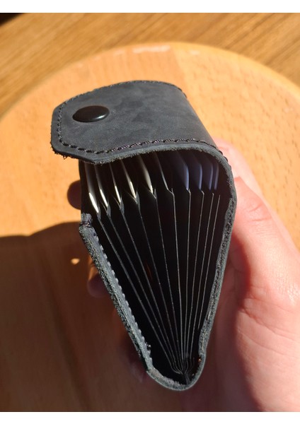 10 Kartlık Bölmeli Akordiyon Kredi Kartlık Siyah Hakiki Deri Mini Boyut Kartvizitlik