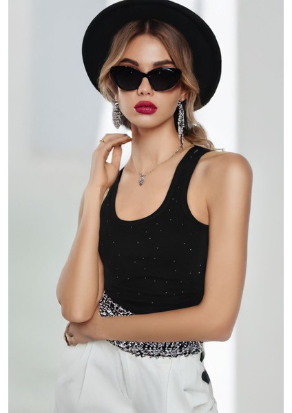Siyah Taş Baskı Detaylı Ribana Kadın Bluz - Pia Velle - Elegance In Black