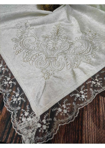 Krem Saten Dantelli Nişan Bohçası, Kadife Güpürlü, Şık ve Zarif Set