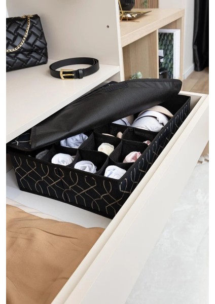 13 Gözlü Kapaklı Çekmece Düzenleyici, Çorap ve Sütyen Organizer, Siyah