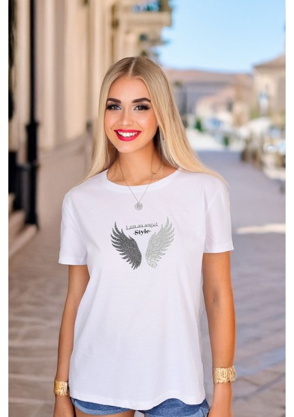 I Am An Angel Style Kanat Desenli Kadın Beyaz Tişört
