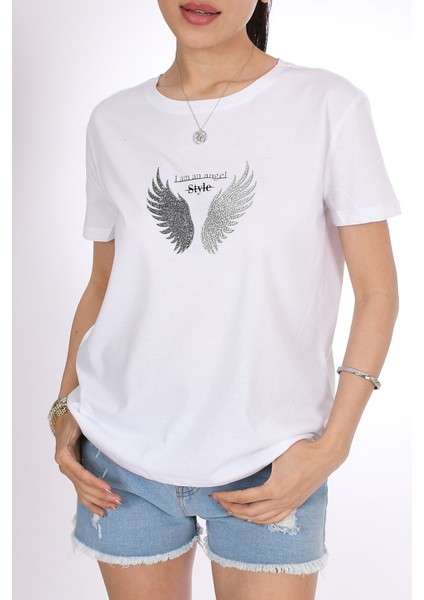 I Am An Angel Style Kanat Desenli Kadın Beyaz Tişört fiyatları