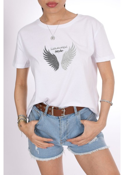 I Am An Angel Style Kanat Desenli Kadın Beyaz Tişört fırsatları