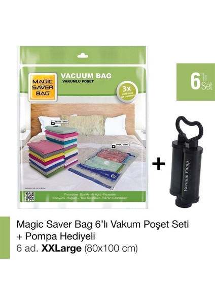6’lı Xxlarge Vakumlu Poşet Seti + Pompa Hediyesi, Şeffaf ve Kullanışlı Paketler