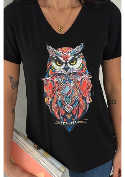 Kadın Siyah V Yaka Baykuş Pul Payet Işlemeli %100 Pamuk T-Shirt fiyatları