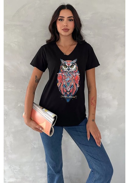 Kadın Siyah V Yaka Baykuş Pul Payet Işlemeli %100 Pamuk T-Shirt modelleri