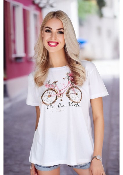 Bisiklet Desenli Kadın Oversize Beyaz Tişört