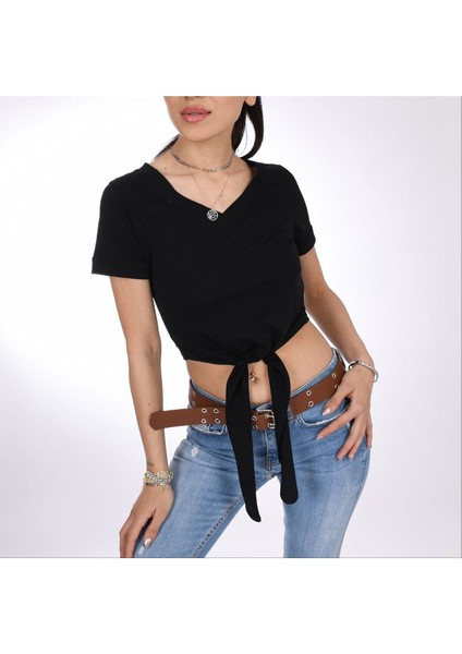 Bağlamalı Siyah V Yaka Crop Kadın Tişört – Basic & Şık fiyatları