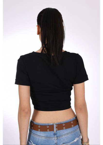 Bağlamalı Siyah V Yaka Crop Kadın Tişört – Basic & Şık modelleri