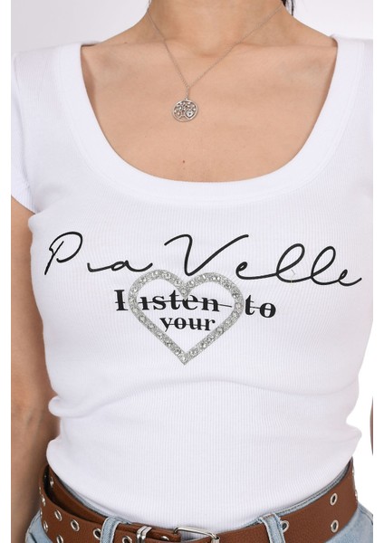 Beyaz Kap Kollu Taş Işlemeli Kadın Tişört - Pia Velle fiyatları