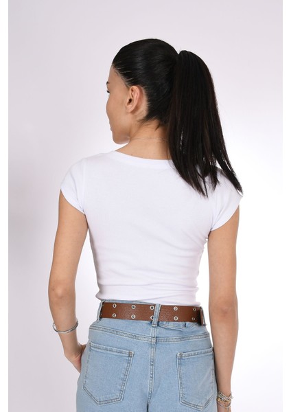 Beyaz Kap Kollu Taş Işlemeli Kadın Tişört - Pia Velle modelleri