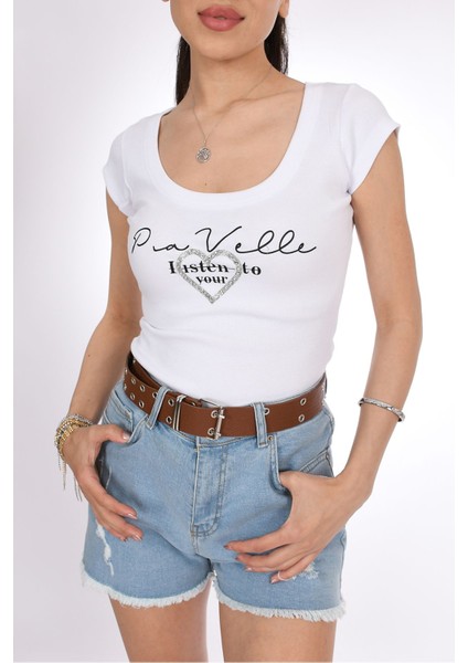 Beyaz Kap Kollu Taş Işlemeli Kadın Tişört - Pia Velle fırsatları