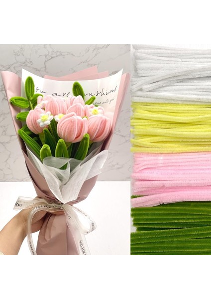 100 Adet Sarı, Pembe, Beyaz, Koyu Yeşil Renkli Şönil , Çiçek Yapım Seti, Tüylü Tel, 30 Cm, Peluş Tel