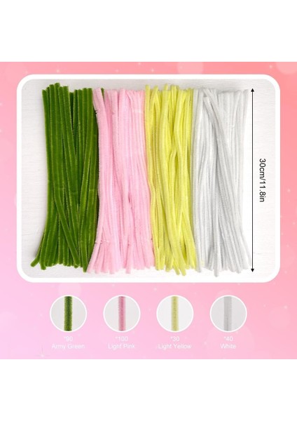 100 Adet Sarı, Pembe, Beyaz, Koyu Yeşil Renkli Şönil , Çiçek Yapım Seti, Tüylü Tel, 30 Cm, Peluş Tel fiyatları