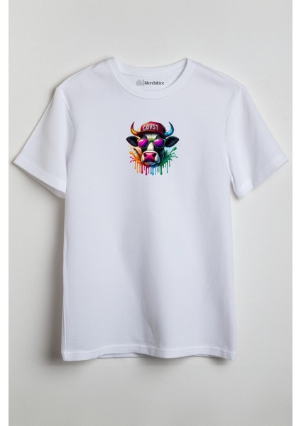 Renkli Covsy Boğa Baskılı Unisex T-Shirt Beyaz