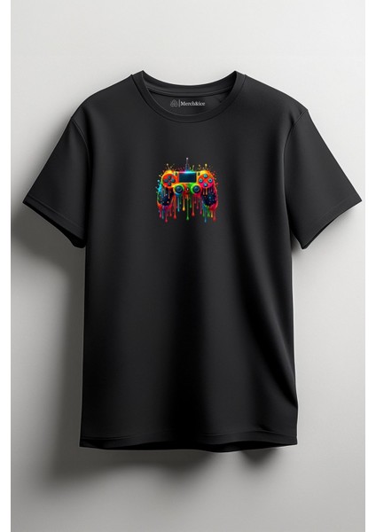 Renkli Playstation Kolu Baskılı Unisex T-Shirt Siyah