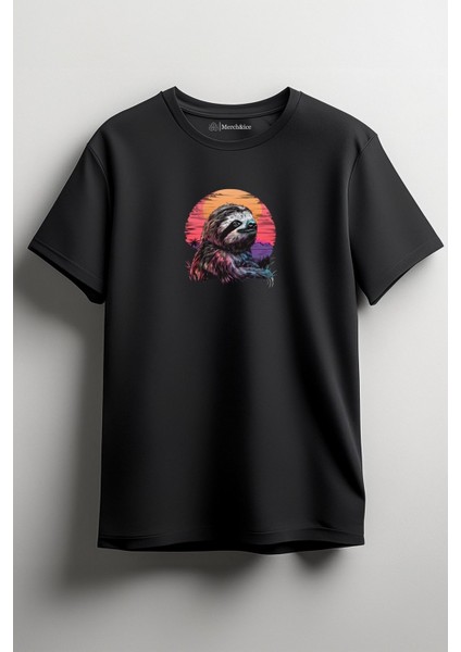 Renkli Yavaş Hayvan Baskılı Unisex T-Shirt Siyah