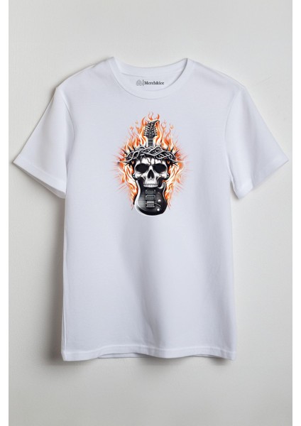 Gitar Kuru Kafa Baskılı Unisex T-Shirt Beyaz