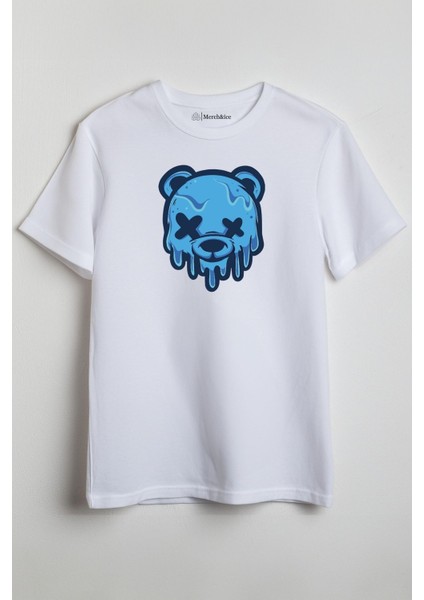 Mavi Eriyen Ayı Suratı Baskılı Unisex T-Shirt Beyaz