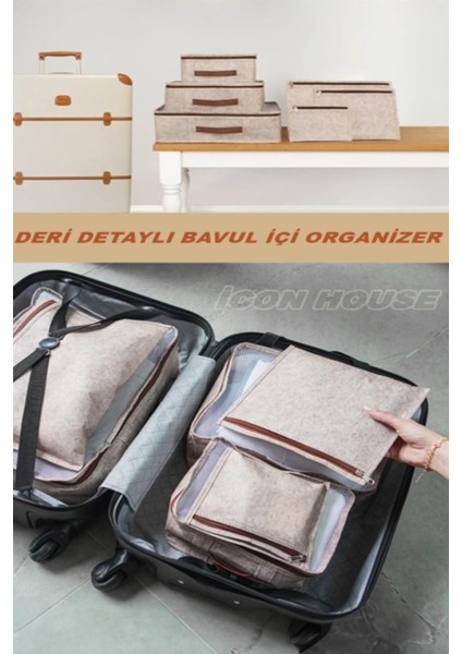 Kahverengi 6'lı Deri Detaylı Valiz ve Bavul Içi Düzenleyici Set