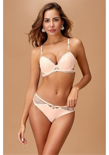 4471 Kadın Dantelli Destekli Sütyen Külot Takım-Pudra